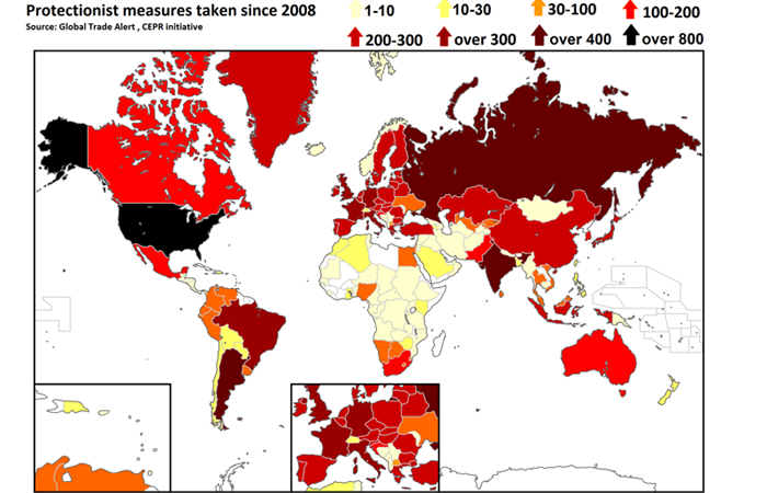 Worldwide protectionist measures taken between 2008 and 2013. Source: Global Trade Alert